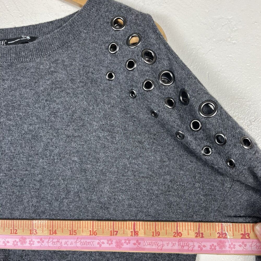 INC Cashmere Silk Wool Gray Cold Shoulder Grommet Knit Sweater Women’s L - Picture 6 of 16